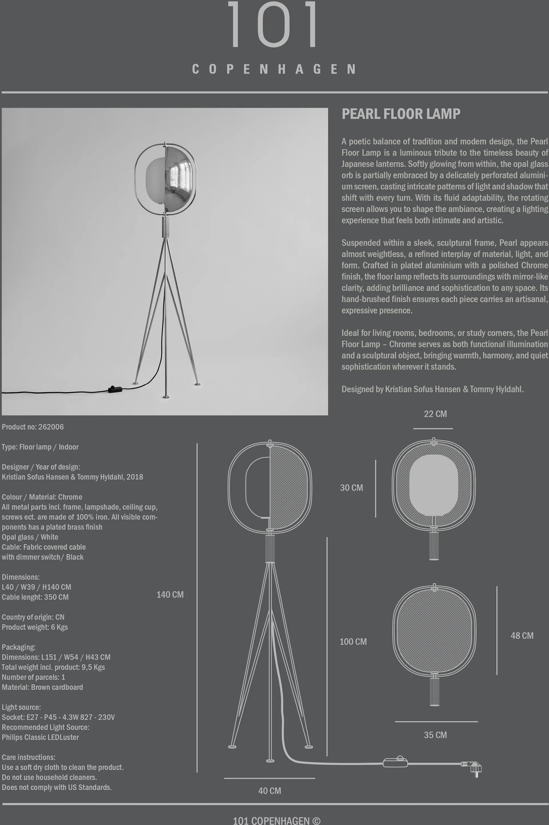 Lampe sur pied Pearl, Chrome 101 Copenhagen