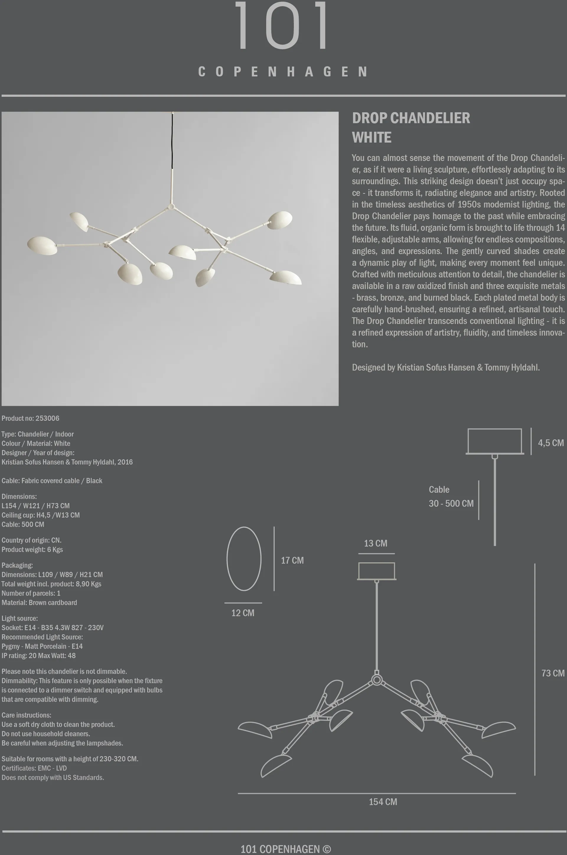 Lustre Drop Chandelier, Blanc 101 Copenhagen