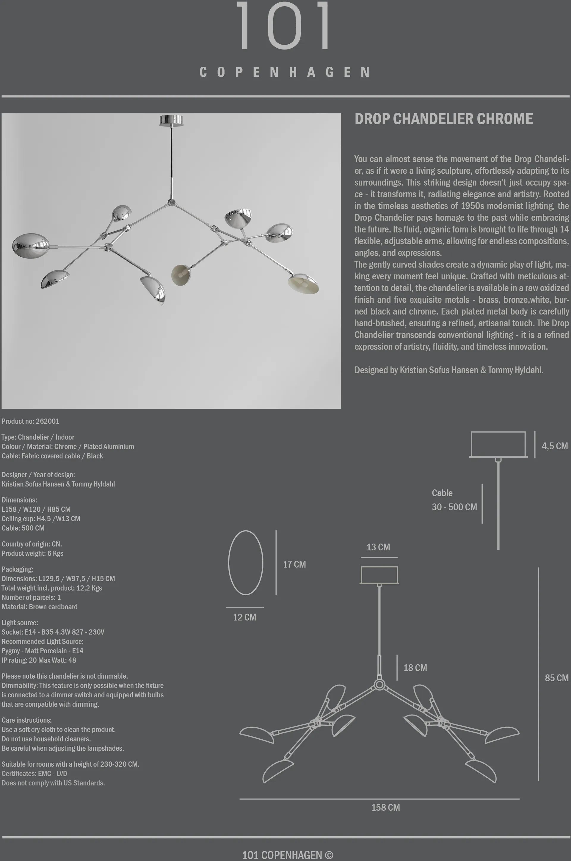 Lustre Drop Chandelier, Chrome 101 Copenhagen