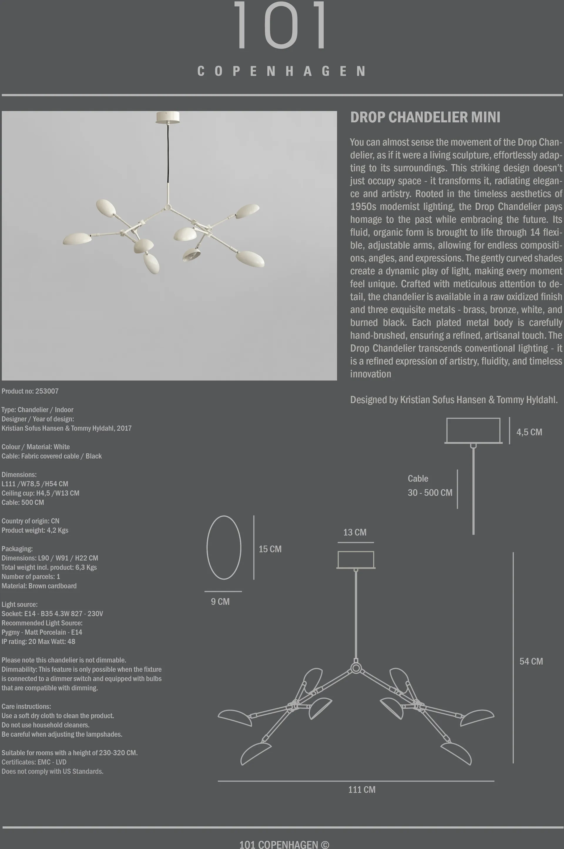 Lustre Drop Chandelier mini, Blanc 101 Copenhagen