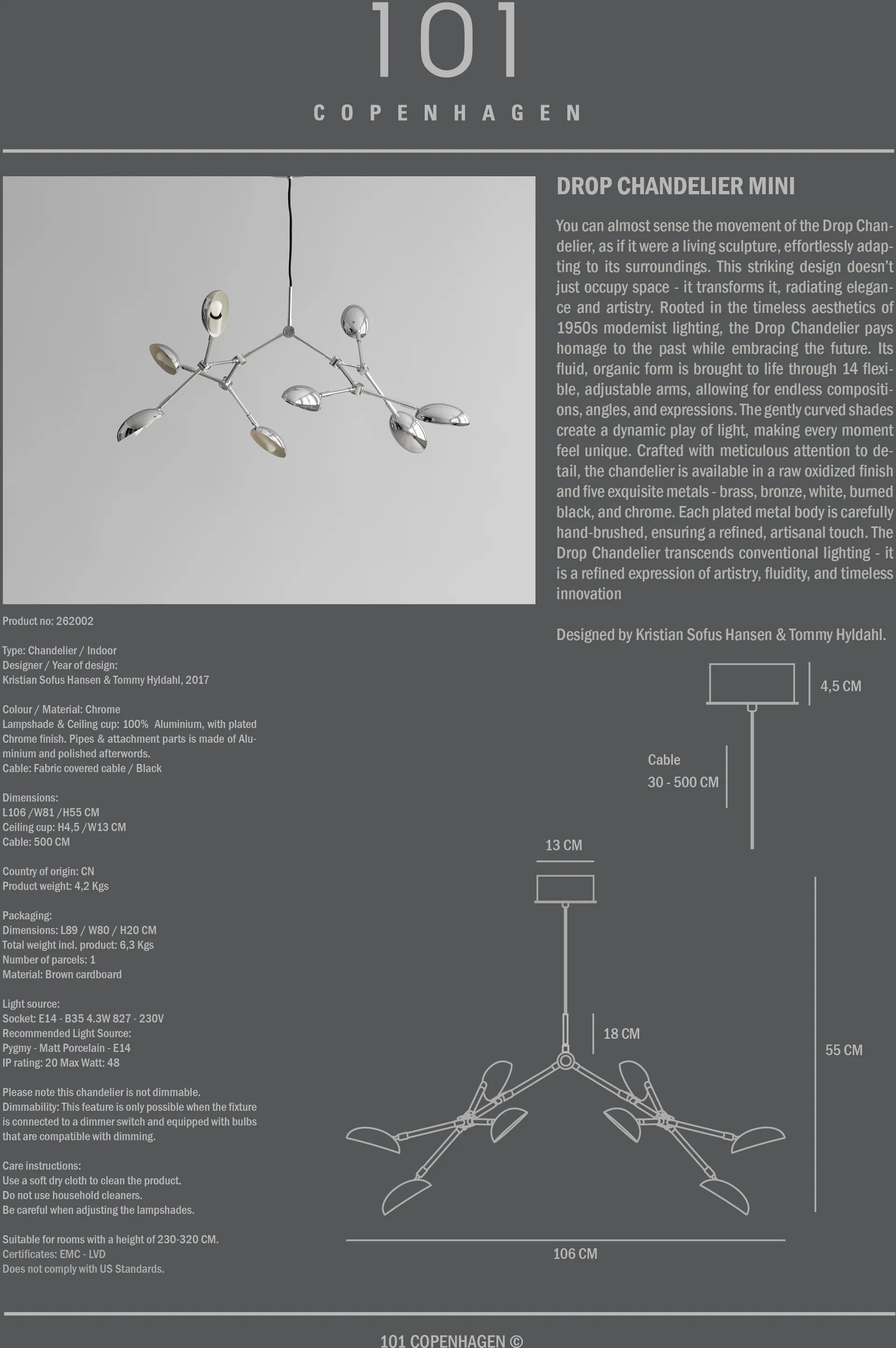 Lustre Drop Chandelier mini, Chrome 101 Copenhagen