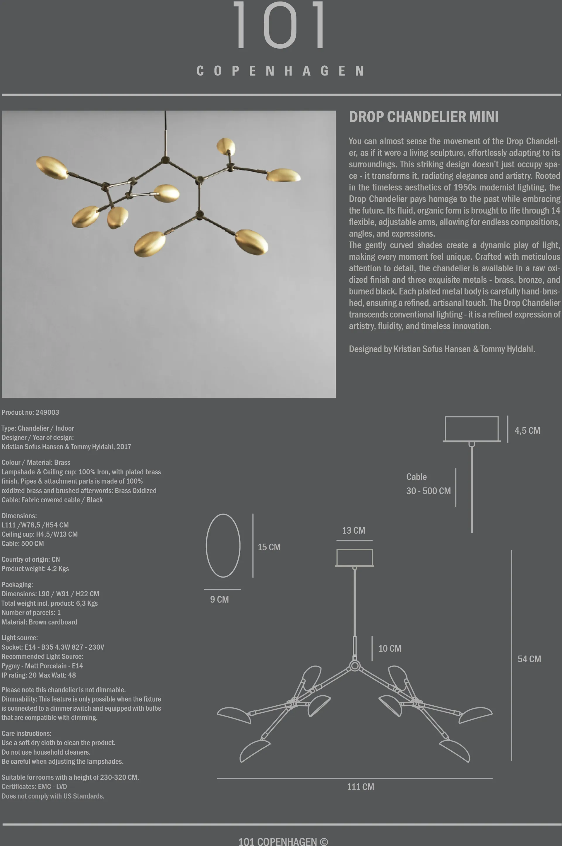 Lustre Drop Chandelier mini, Laiton 101 Copenhagen