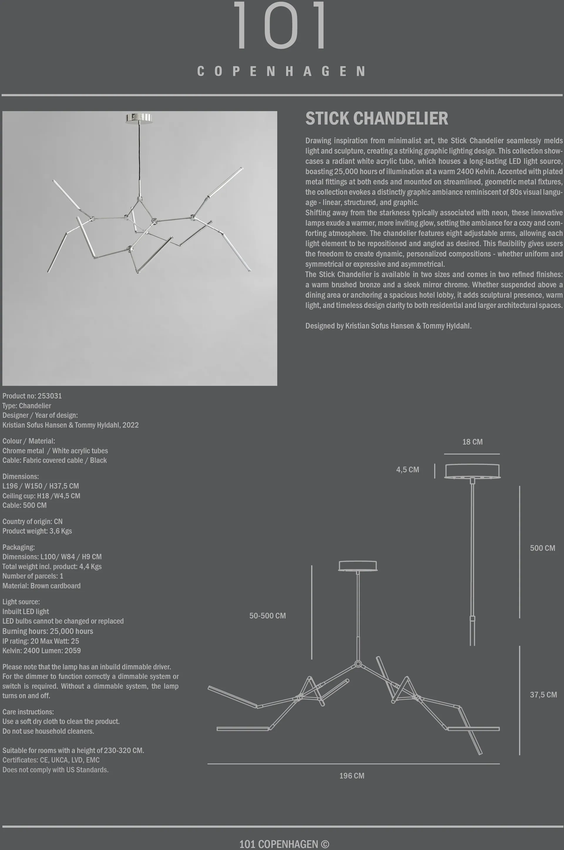 Lustre Stick Chandelier, Chrome 101 Copenhagen