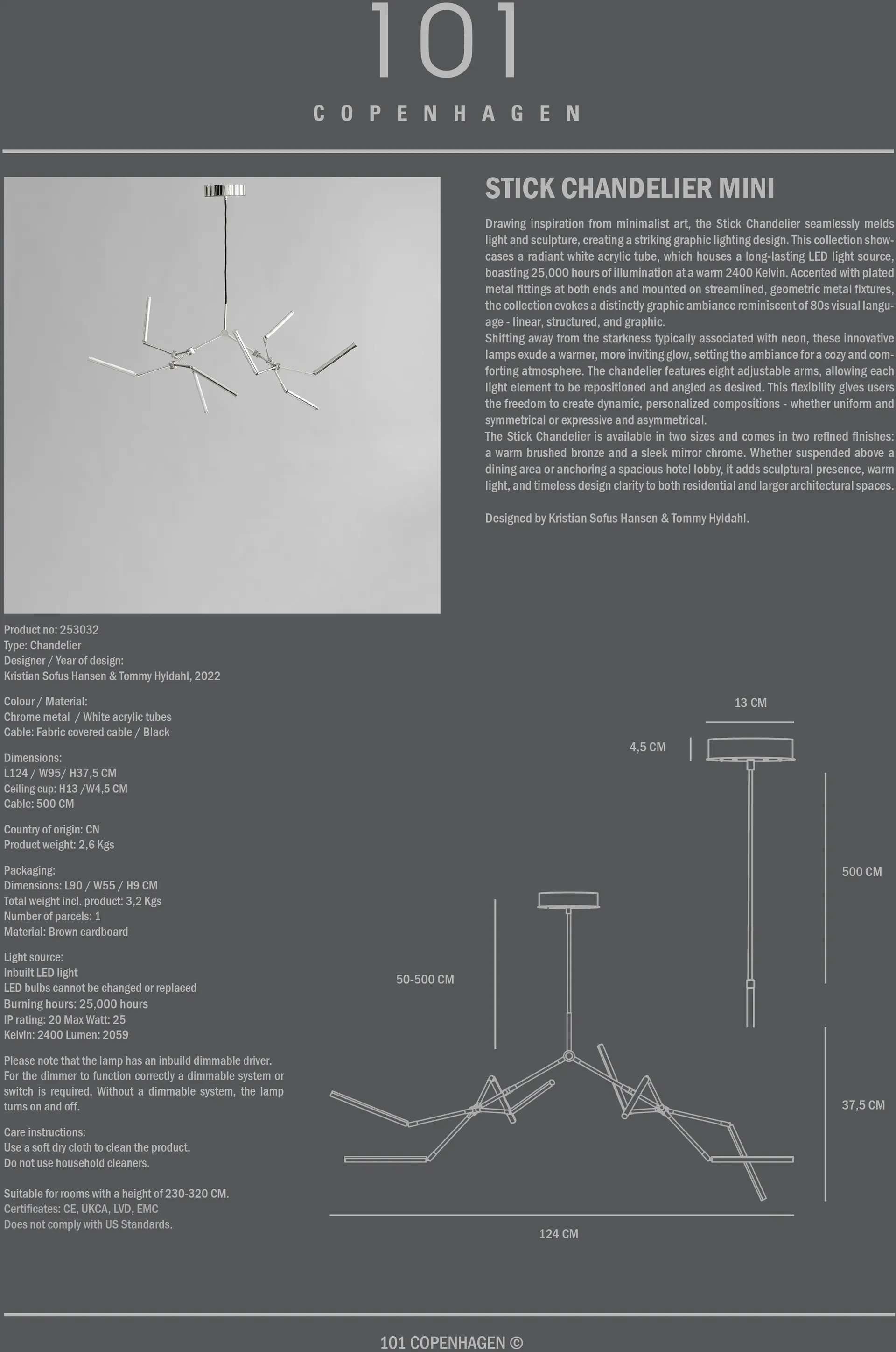 Lustre Stick Chandelier mini, Chrome 101 Copenhagen