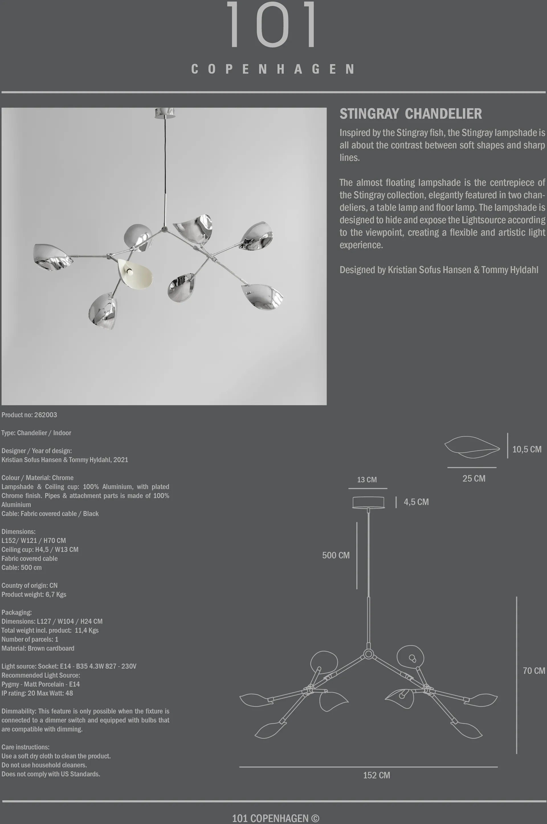 Lustre Stingray Chandelier, Chrome 101 Copenhagen