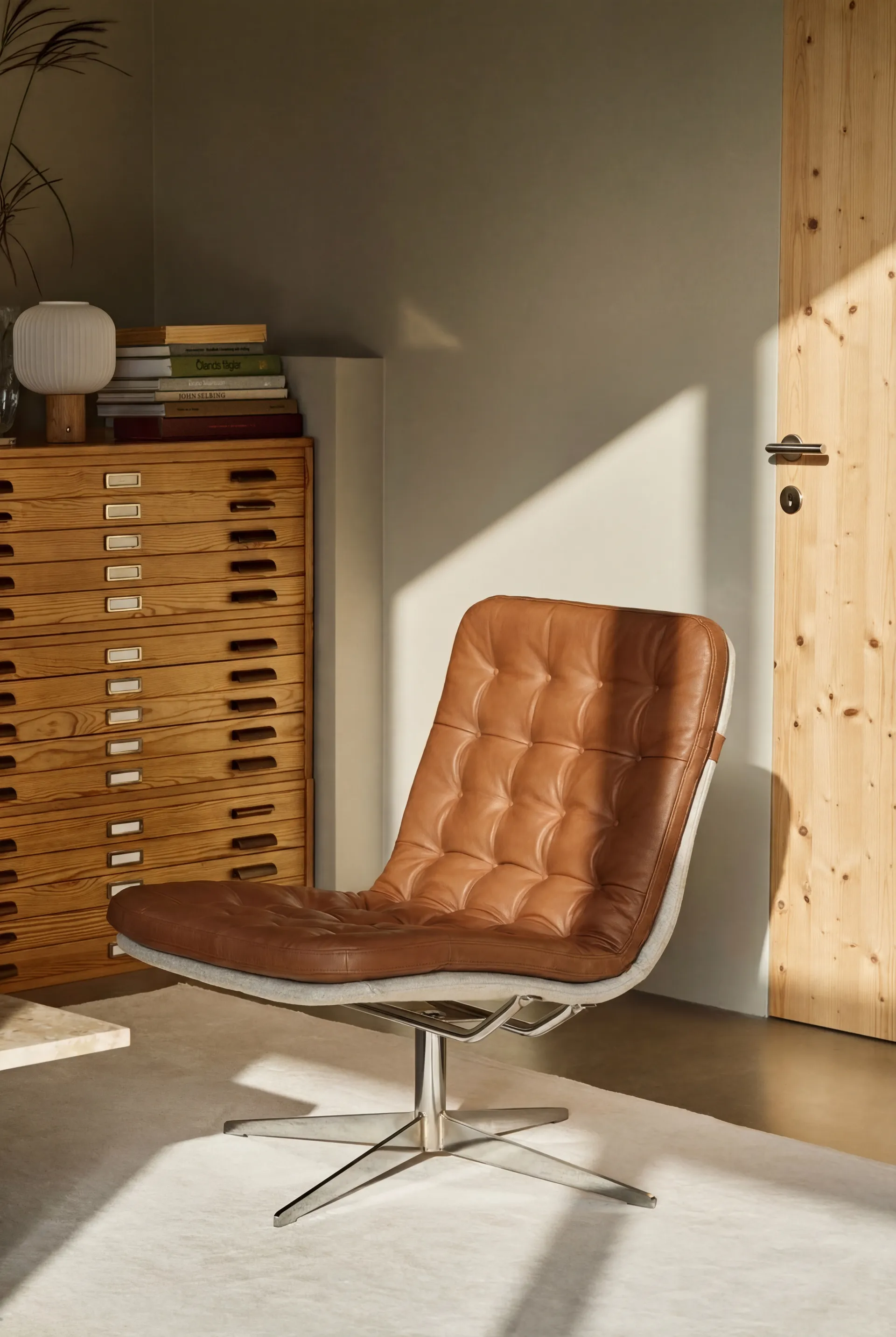 Fauteuil Loholm avec fonction pivotante, Cognac cuir huilé-Bern Beige 0341 1898