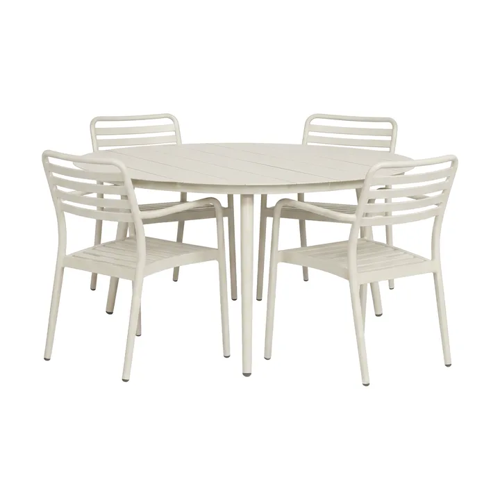 Table à manger Marsala Ø140 cm + fauteuil Messina 4 pièces, blanc cassé - 1898
