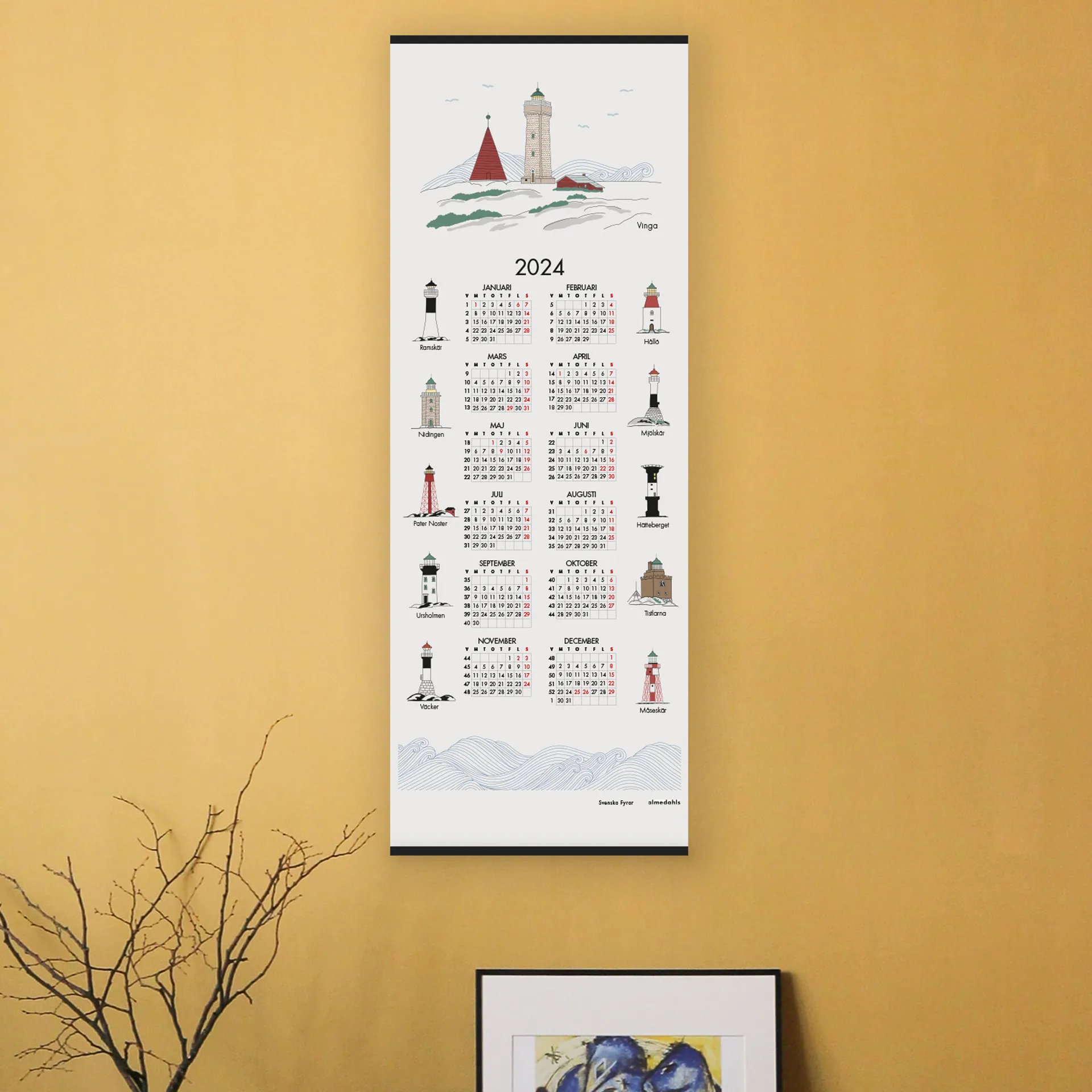 Calendrier à motifs de phares de Suède 2024, 35x90 cm  Almedahls