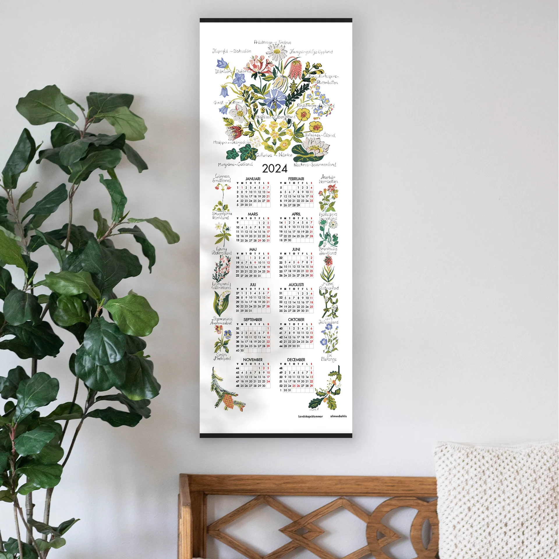Calendrier fleurs des régions suédoises 2024, 35x90 cm  Almedahls
