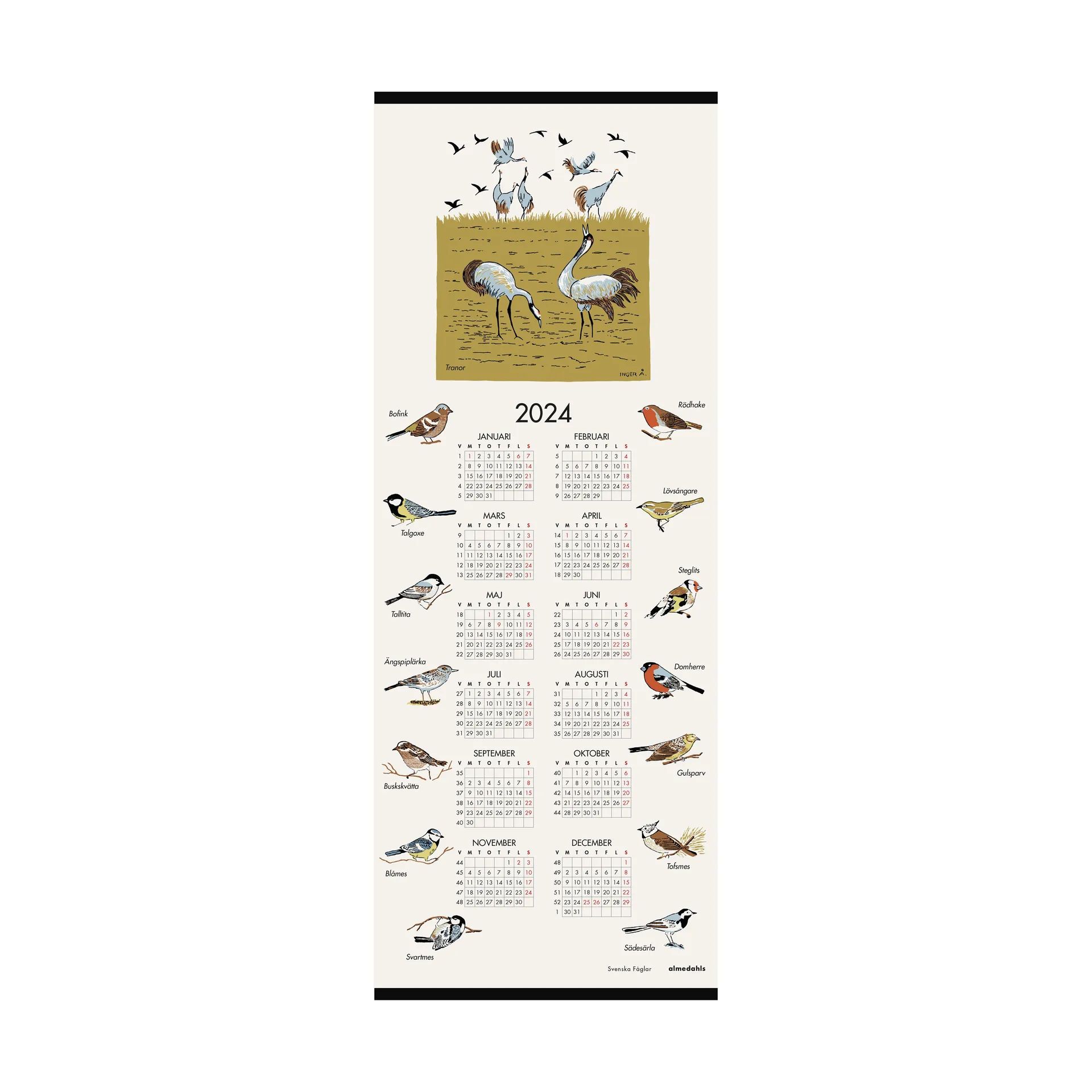 Calendrier oiseaux de Suède 2024, 35x90 cm  Almedahls