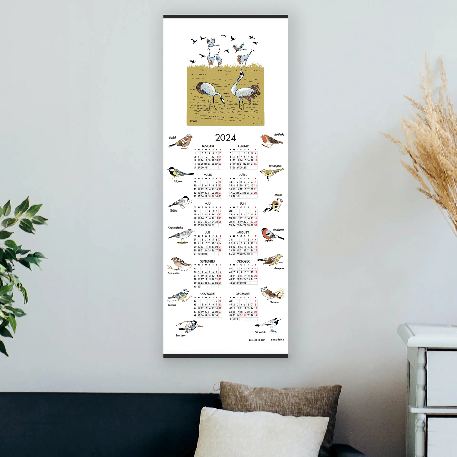 Calendrier oiseaux de Suède 2024, 35x90 cm  Almedahls