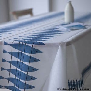 Tissu Hareng, blanc-bleu Almedahls