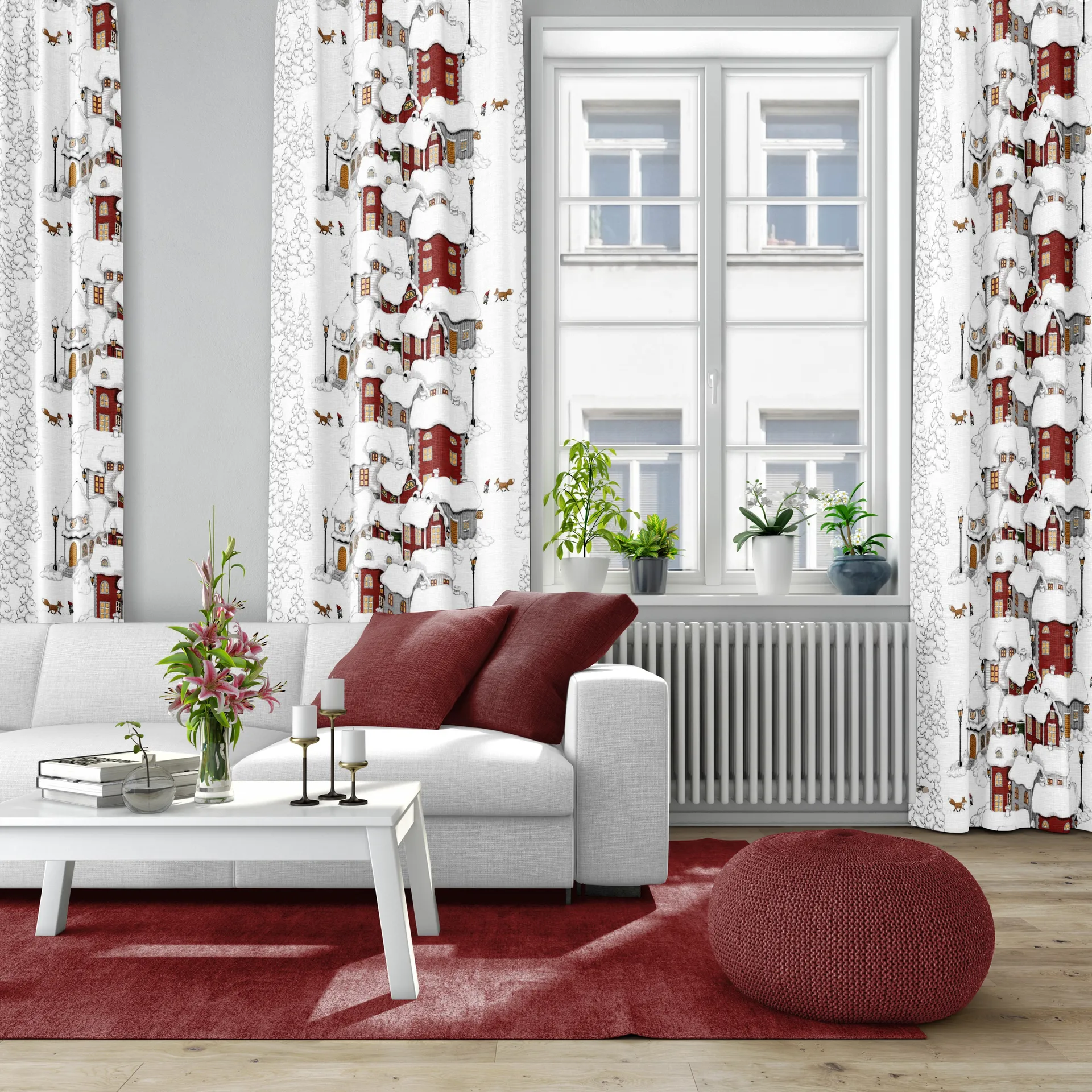 Tissu Mikkel, Blanc cassé-gris-rouge Arvidssons Textil