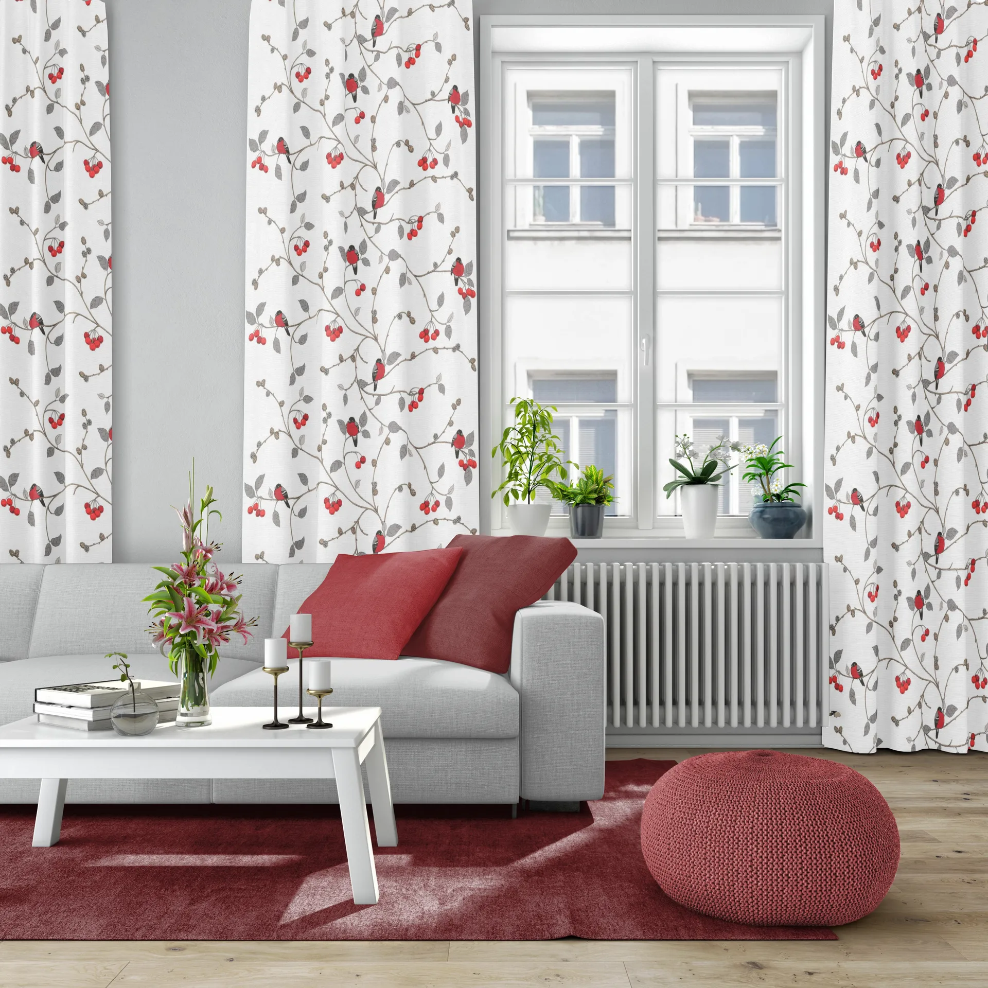 Tissu Paradisäpplen, Blanc cassé-gris-rouge Arvidssons Textil