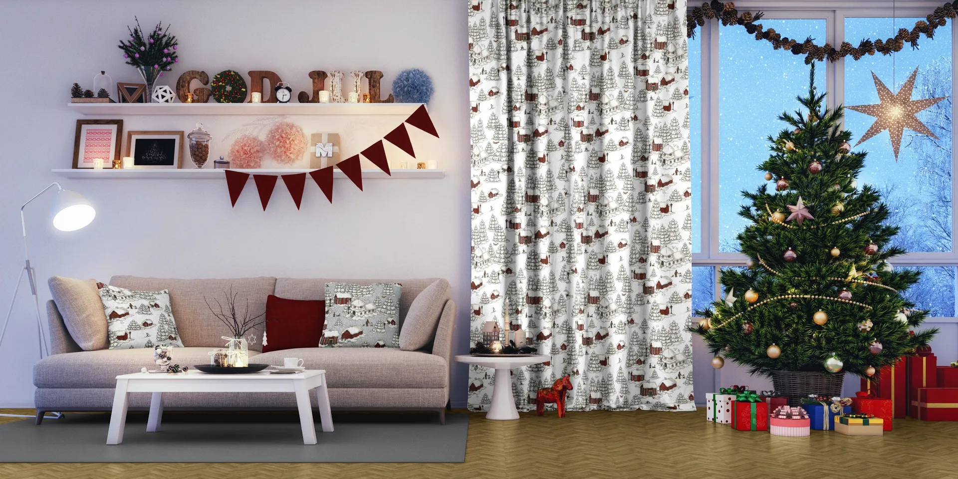 Tissu Timmerbyn, Blanc cassé-gris-rouge Arvidssons Textil