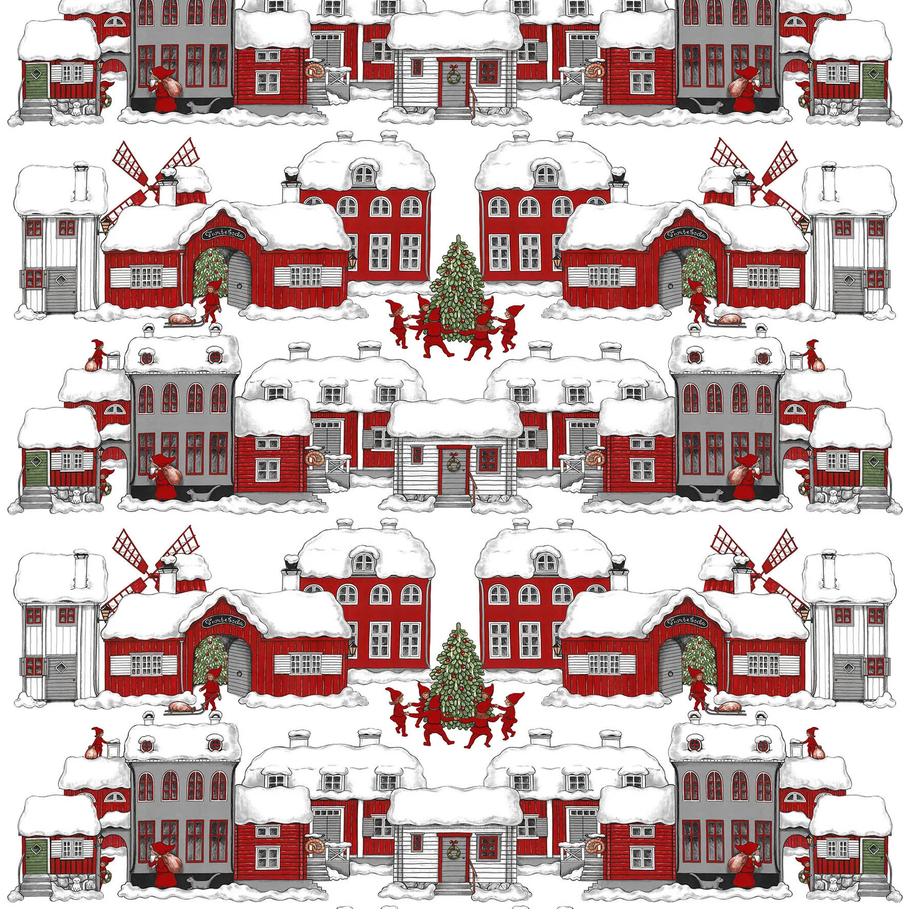 Tissu Tomteboda, Blanc cassé-rouge Arvidssons Textil