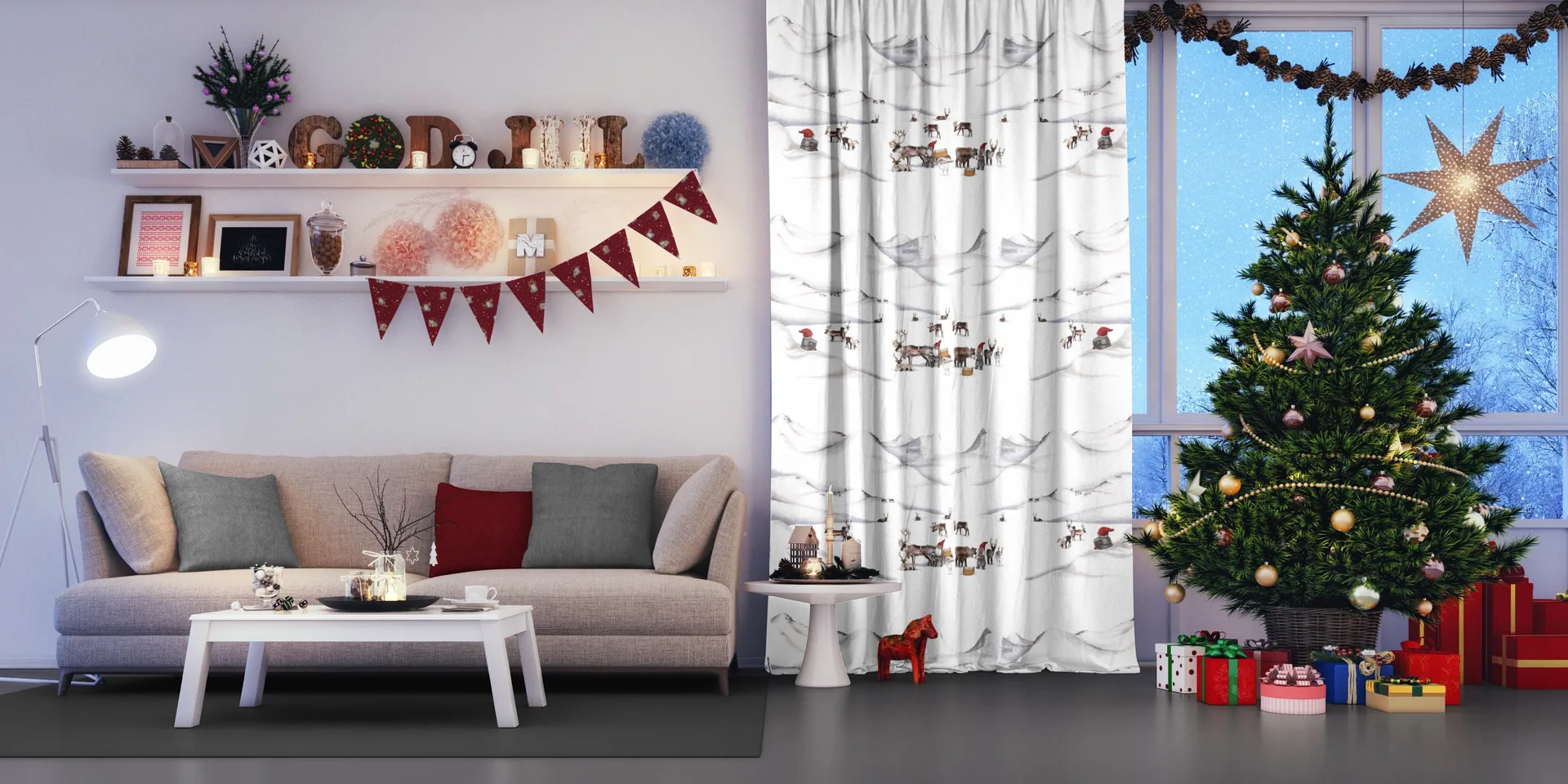 Tissu Tomteland, Blanc cassé-gris Arvidssons Textil