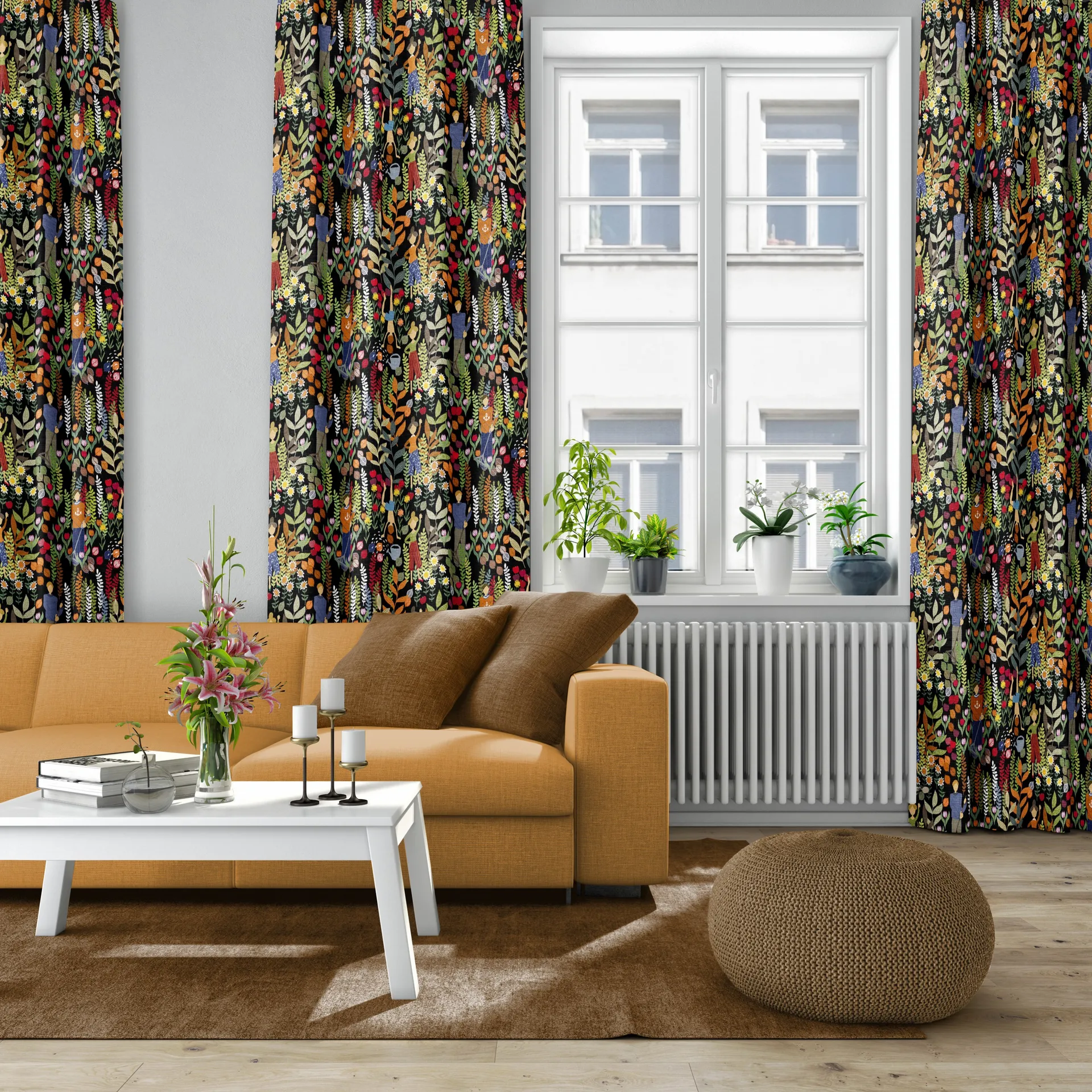 Tissu Trädgård, Noir-multi Arvidssons Textil