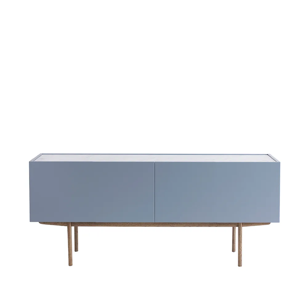Luc Deluxe 160 table d'appoint, nordic blue, dessus en carrara, pieds p6, tiroirs Asplund