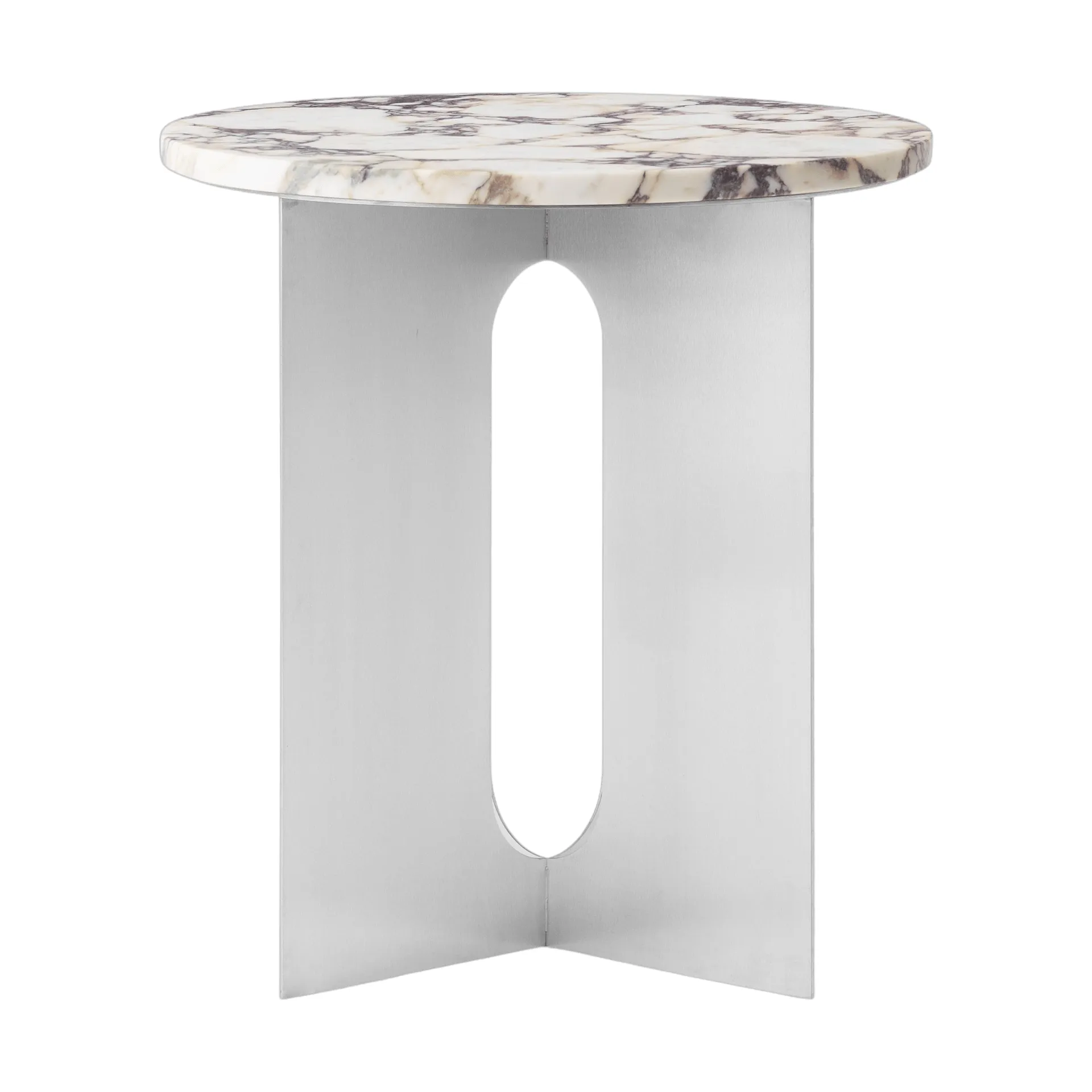 Table d'appoint Androgyne, Calacatta Viola marbre-acier brossé, Ø42 cm Audo Copenhagen