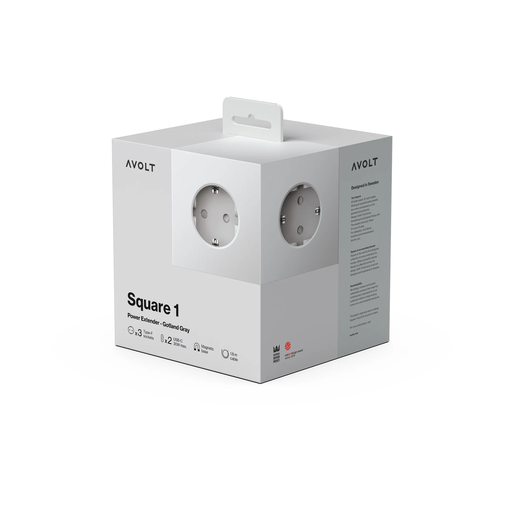 Multiprise Square 1 USB-C 30W 3 m, Gotland Gray Avolt