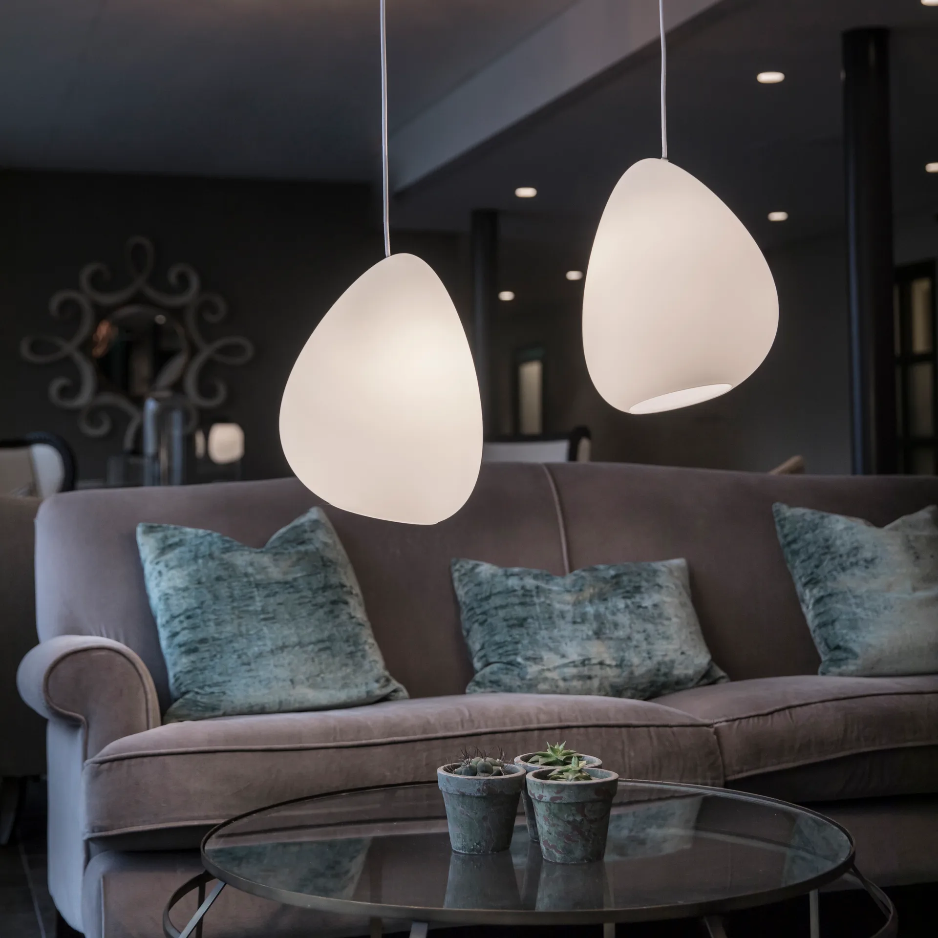 Suspension Ocean verre opale, cordon textile blanc Belid