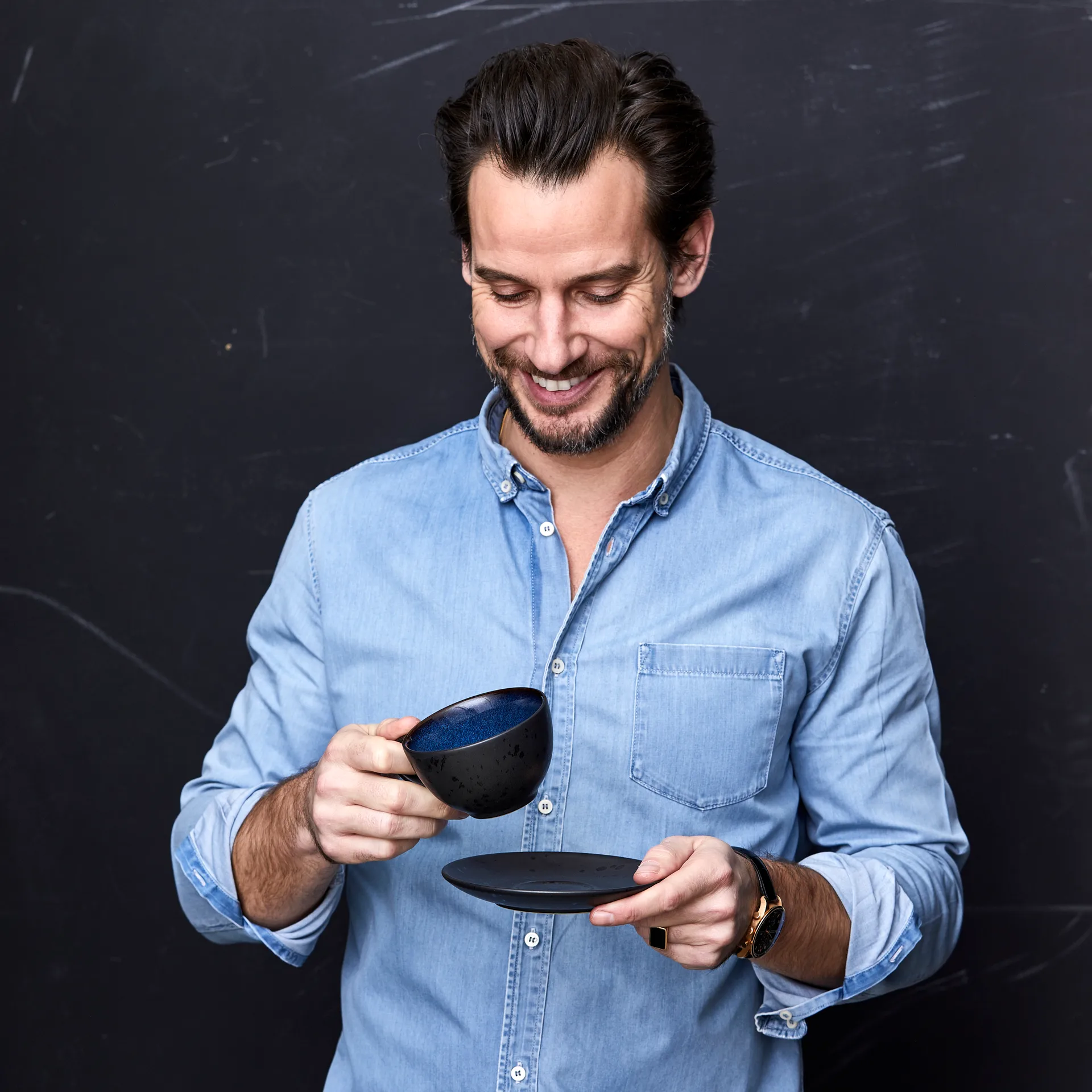 Tasse avec soucoupe Bitz noir, Bleu foncé Bitz