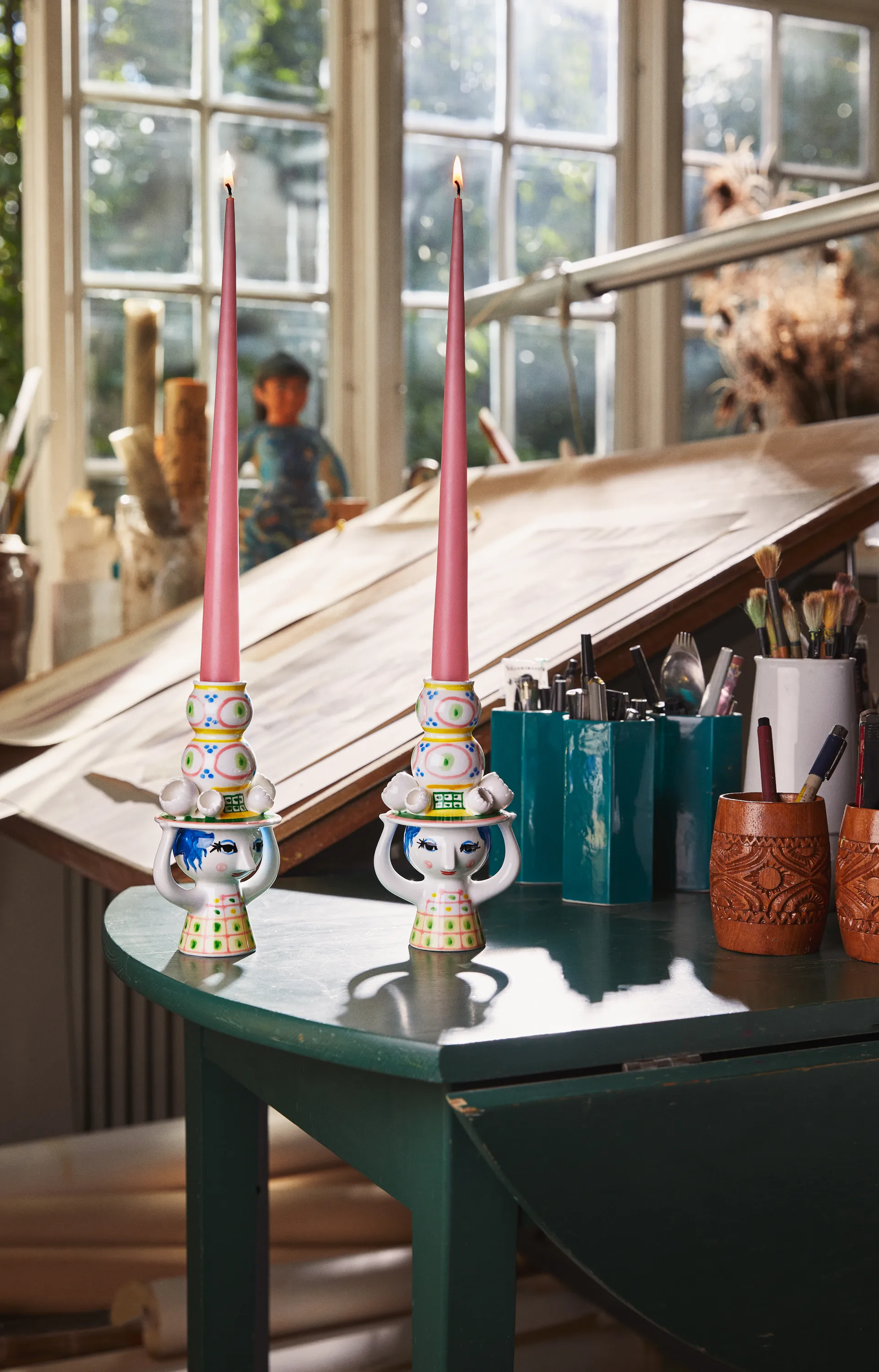 Bougeoir Lady with hat H16 cm, Rose Bjørn Wiinblad