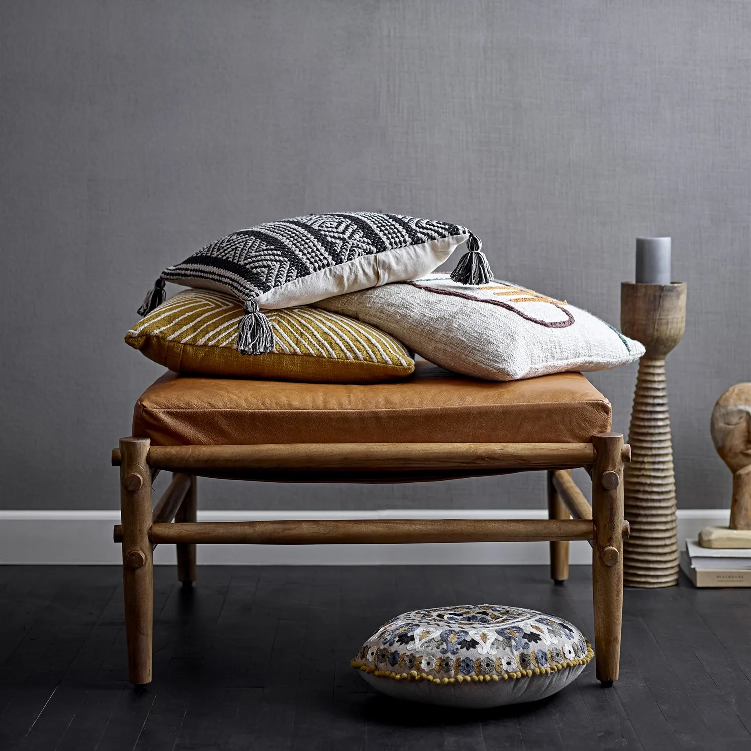 Coussin broderies Bloomingville 45x45 cm, Nature Bloomingville