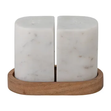 Salière et poivrière Manola avec soucoupe - Marbre blanc-bois - Bloomingville