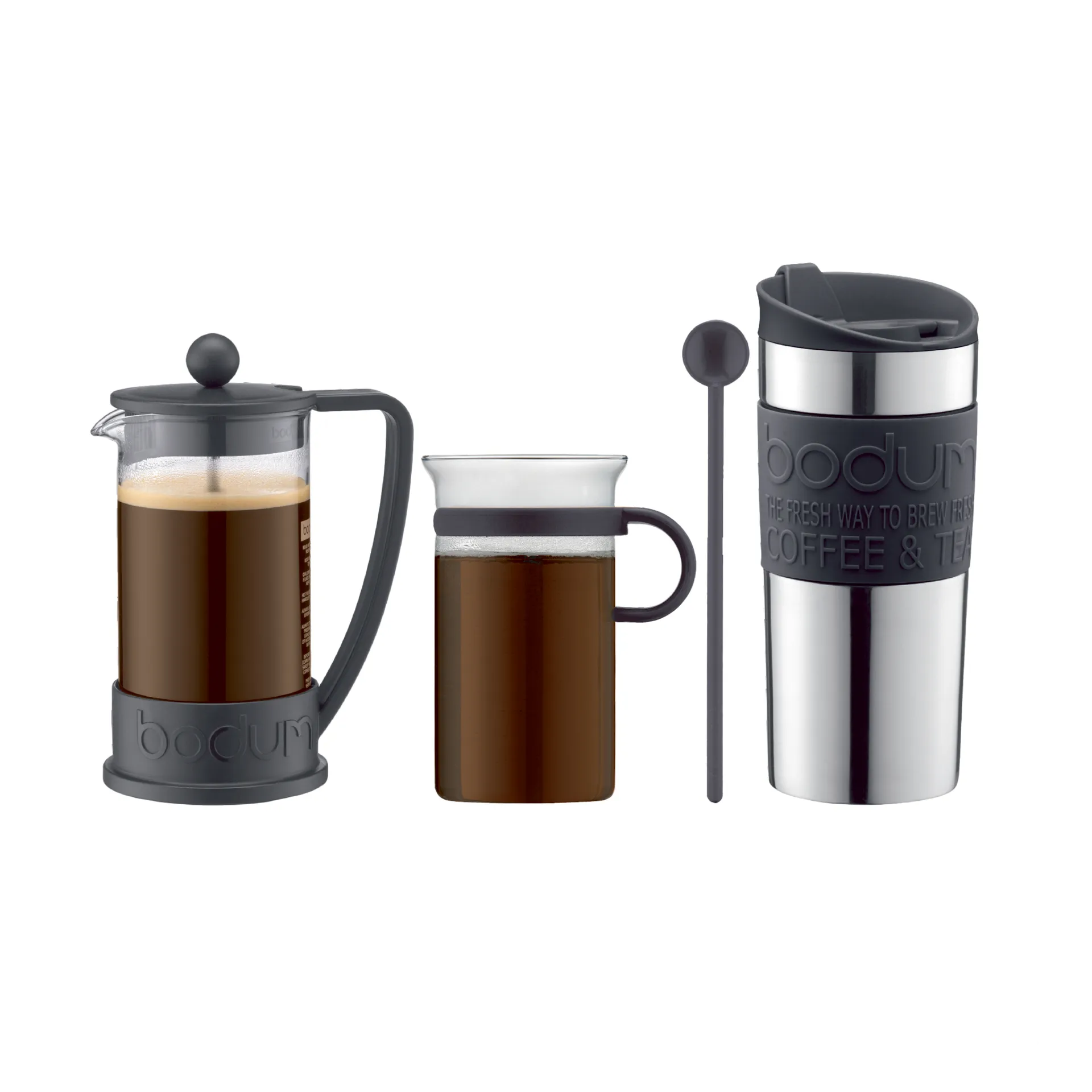 Set à café avec cafetière à piston, tasse, mug de voyage et cuillère, Noir Bodum