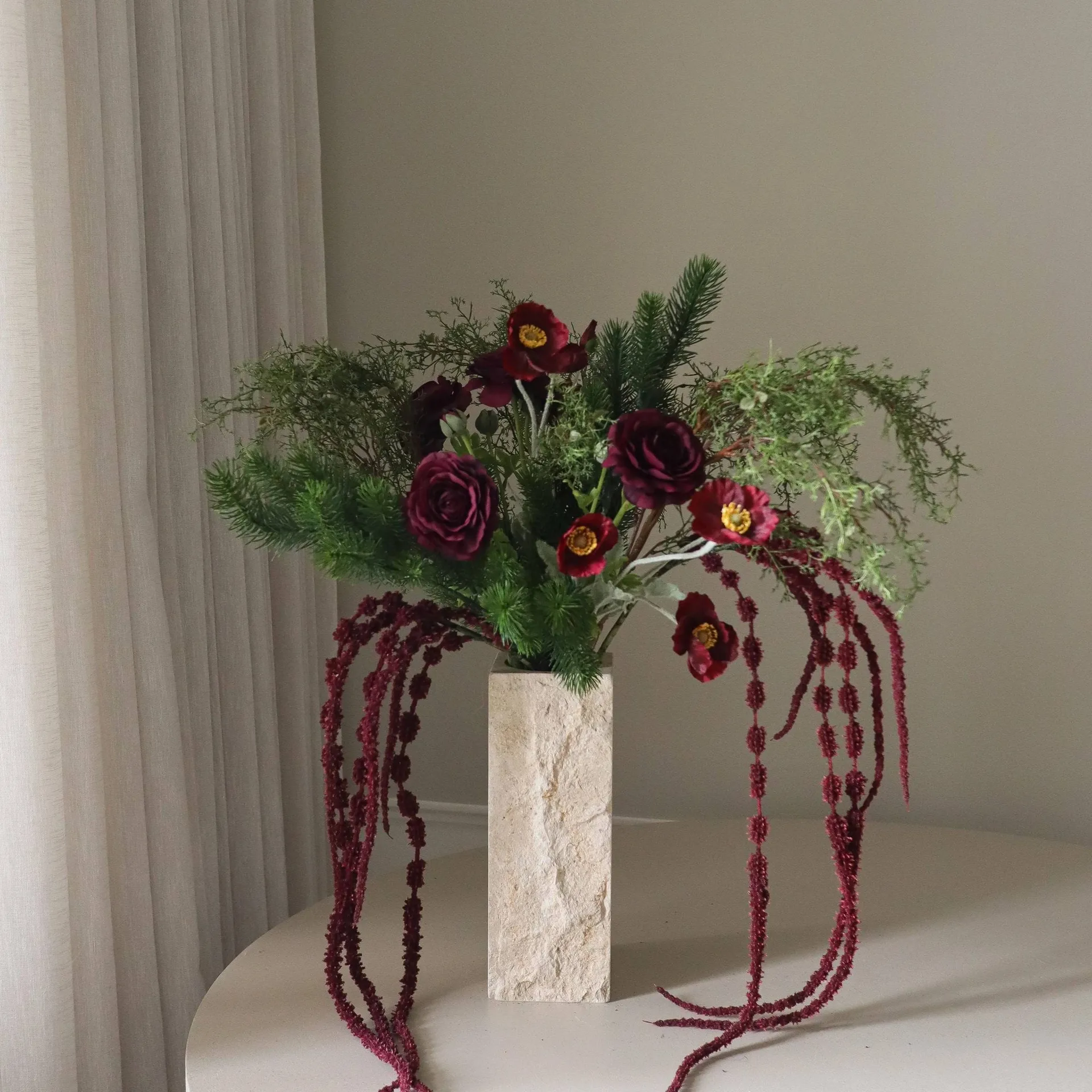 Bouquet artificiel Burnt Bloom, Renoncules, pavots, alliums, amarantes, 90 cm Botané
