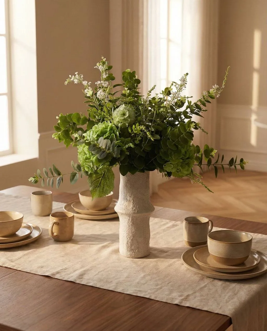 Bouquet artificiel Deep Green, Hortensia-fleurs sauvages-eucalyptus-scie du diable 15 pcs Botané