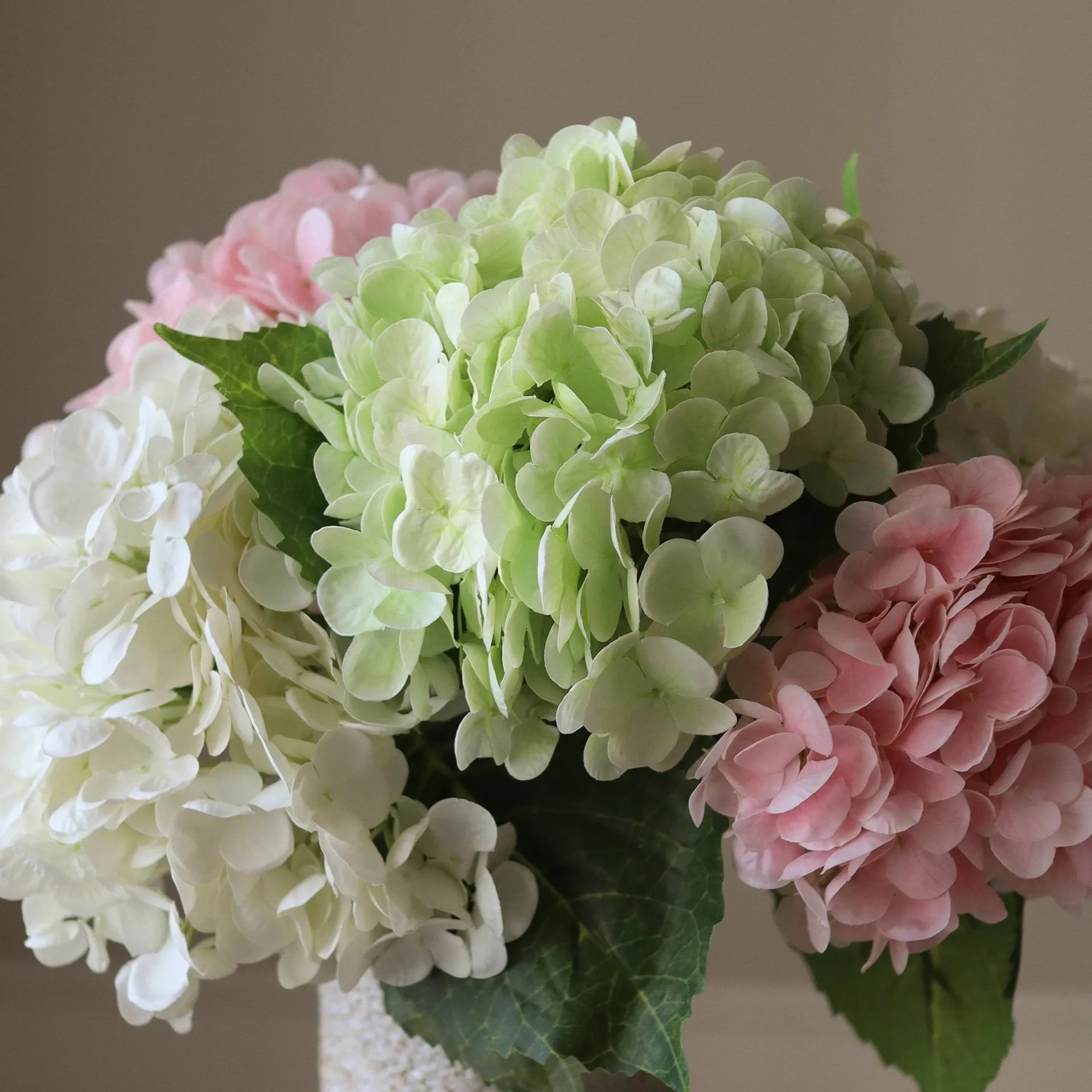 Bouquet artificiel d’hortensias, Rose-blanc-vert, 7 pcs Botané