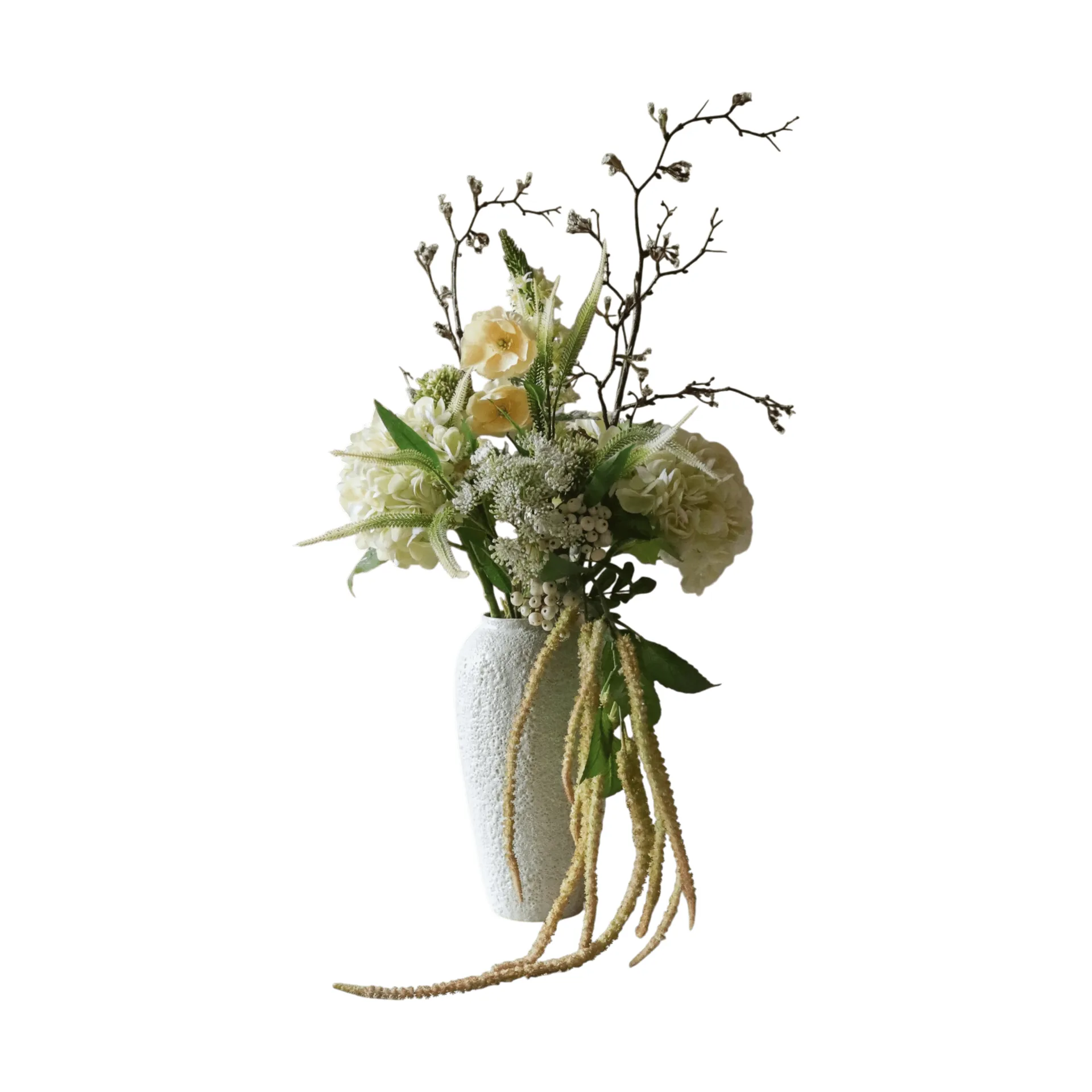 Bouquet artificiel Ivory Cascade, Branche de symphorine-branche de cerisier-pavot-hortensia 13 pcs Botané