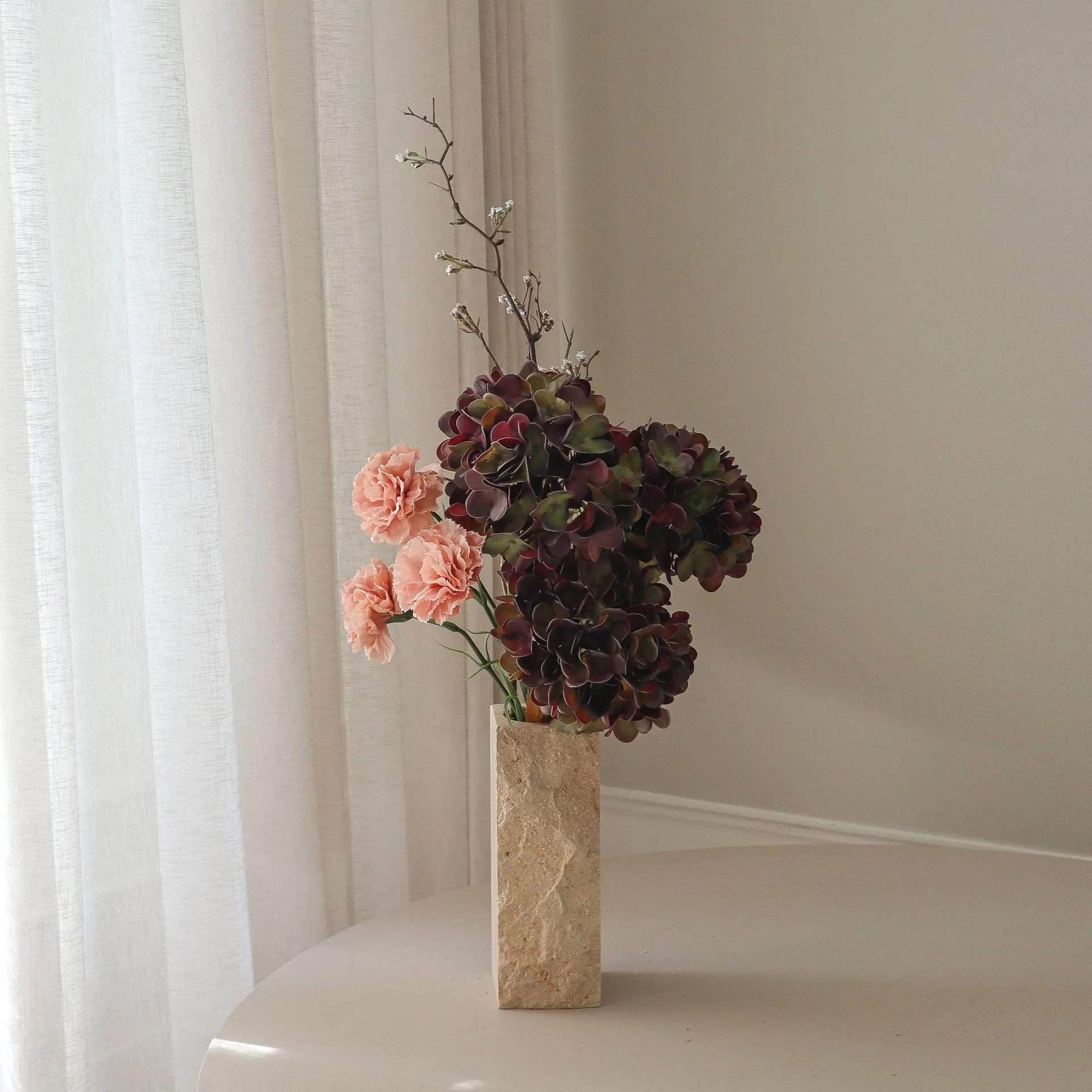 Bouquet artificiel Moody Blush, Hortensia, œillet, branche, 97 cm Botané