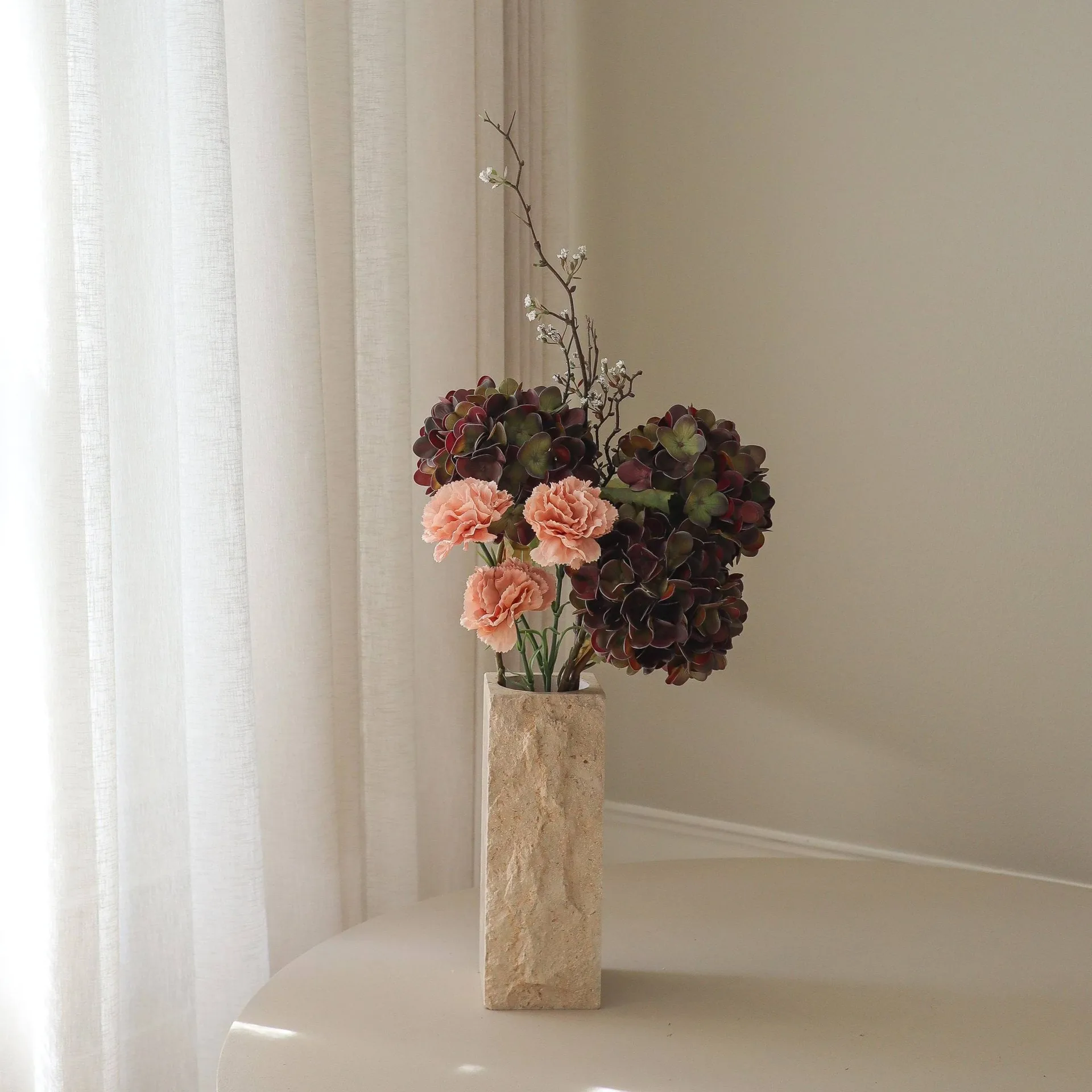 Bouquet artificiel Moody Blush, Hortensia, œillet, branche, 97 cm Botané