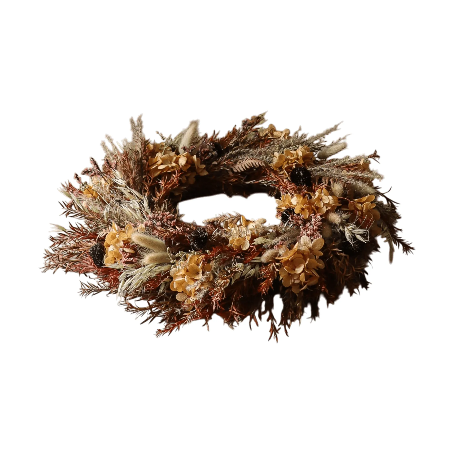 Couronne de fleurs Golden Meadow Wreath, Hortensia-herbe séchée-fougère-oreilles de lièvre, Ø40 cm Botané