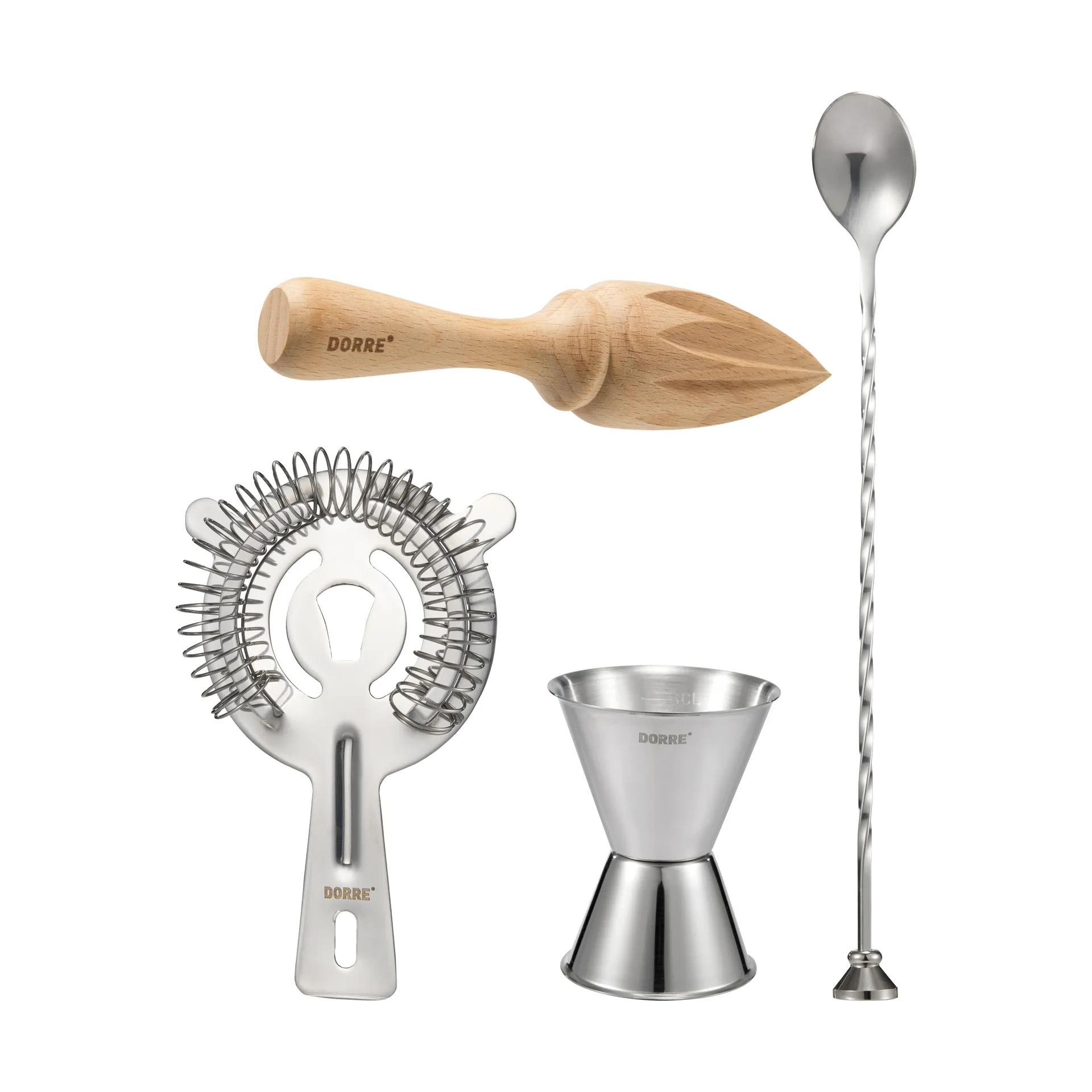 Accessoires de bar Bobbee, Acier inoxydable, bois, 4 pièces Dorre