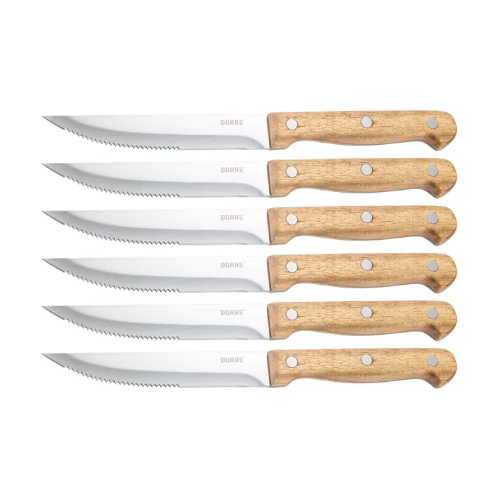 Couteau à steak BBQ - Acier inoxydable, lot de 6, boîte en bois d’acacia, 22,5x2 cm - Dorre
