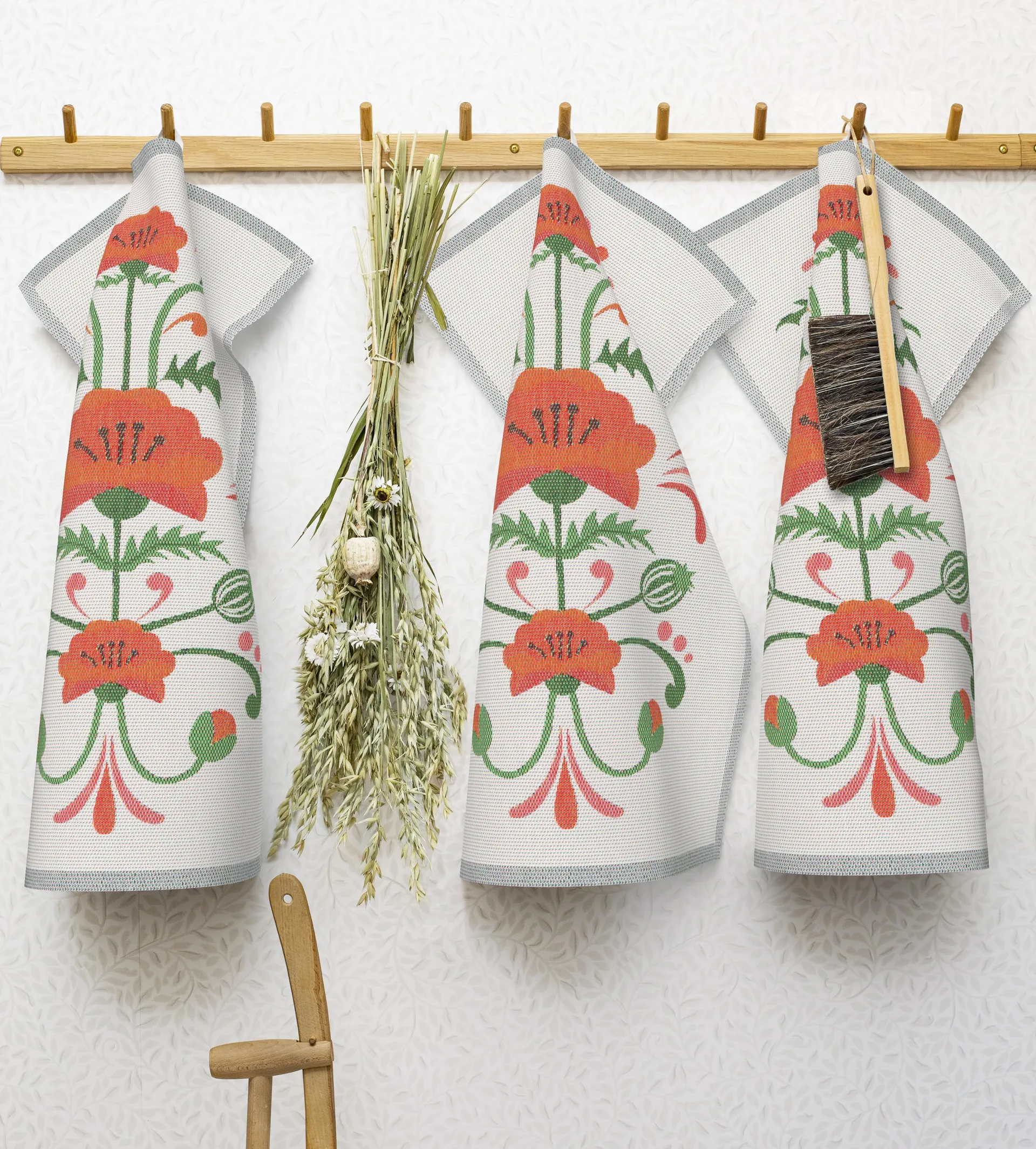 Serviette de cuisine Lindas vallmo 40x60 cm, Orange-gris Ekelund Linneväveri