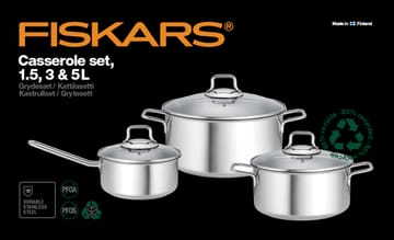 Batterie de cuisine Fiskars avec couvercle en verre 3 Pièces - Acier inoxydable - Fiskars