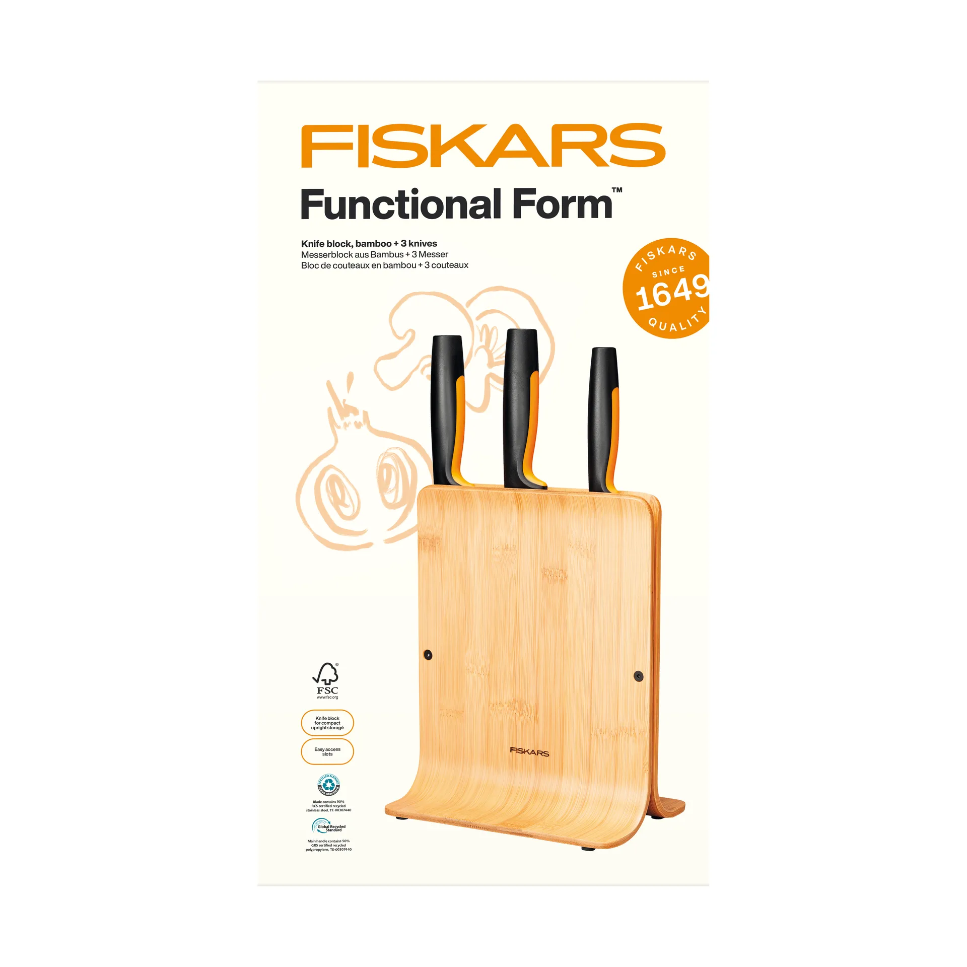 Functional Form set de couteaux avec bloc de couteaux, Bambu, 4 pièces Fiskars