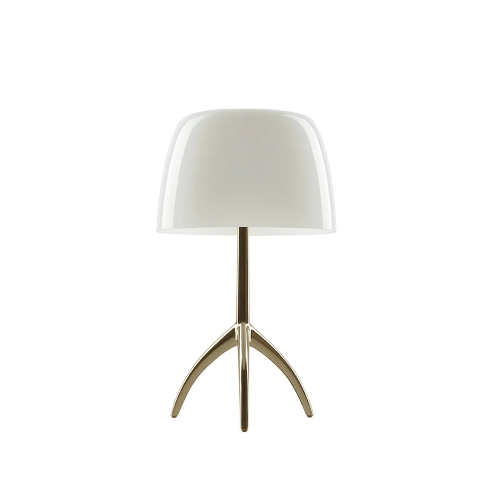 Lampe de table Lumiere Piccola Dimbar, Abat-jour blanc chaud-pied couleur champagne Foscarini