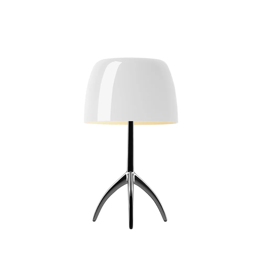 Lampe de table Lumiere Piccola Dimbar, Abat-jour blanc, pied en chrome noir Foscarini