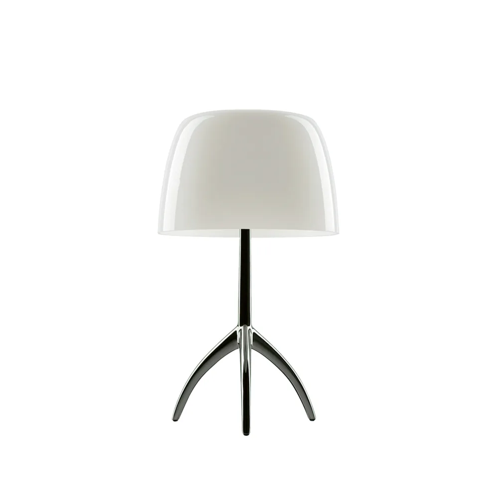 Lampe de table Lumiere Piccola Dimbar, Blanc chaud abat-jour-pied chromé noir Foscarini
