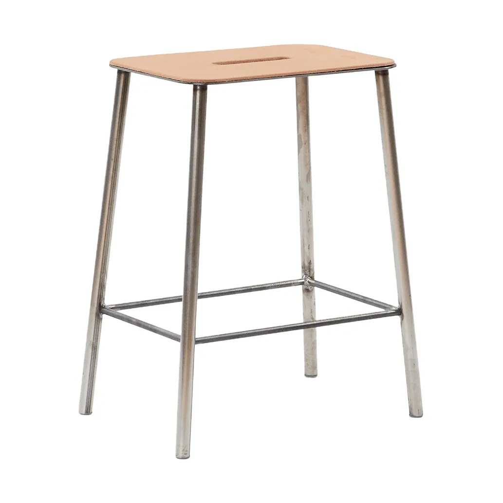 Tabouret Adam, Raw steel-natural leather, H:50 cm FRAMA