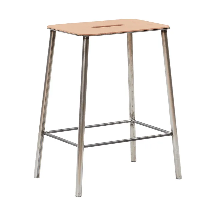 Tabouret Adam - Raw steel-natural leather, H:50 cm - FRAMA
