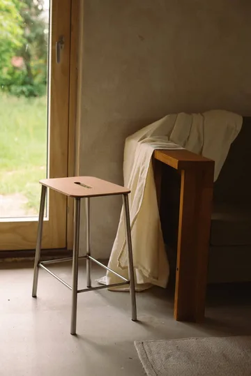 Tabouret Adam - Raw steel-natural leather, H:65 cm - FRAMA