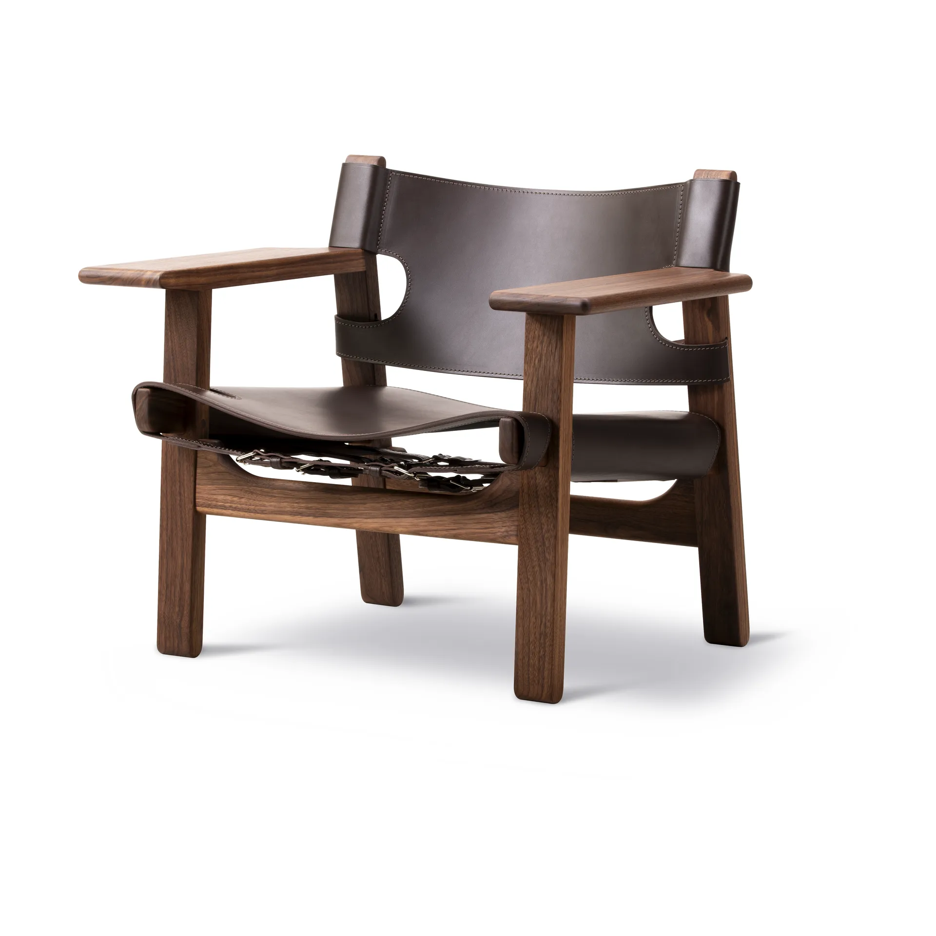 Fauteuil Den spanske stol, Cuir brun foncé-noyer huilé Fredericia Furniture